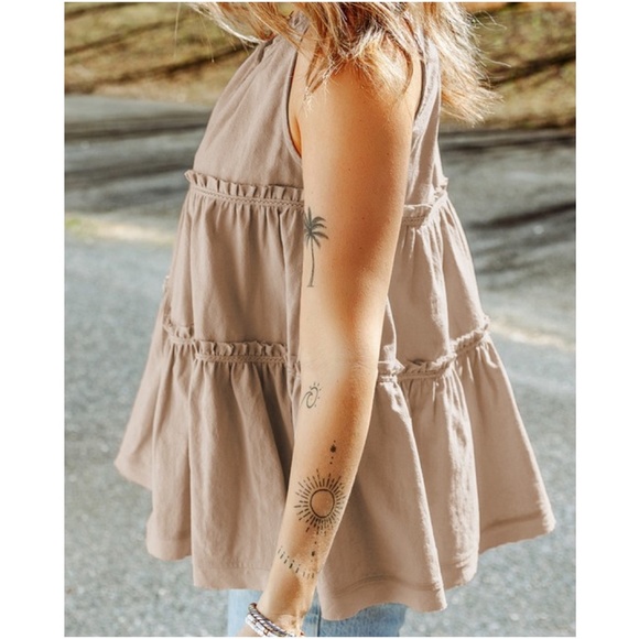 016 Boho Khaki Neck Tie Tiered ruffle Tank top - Picture 3 of 5